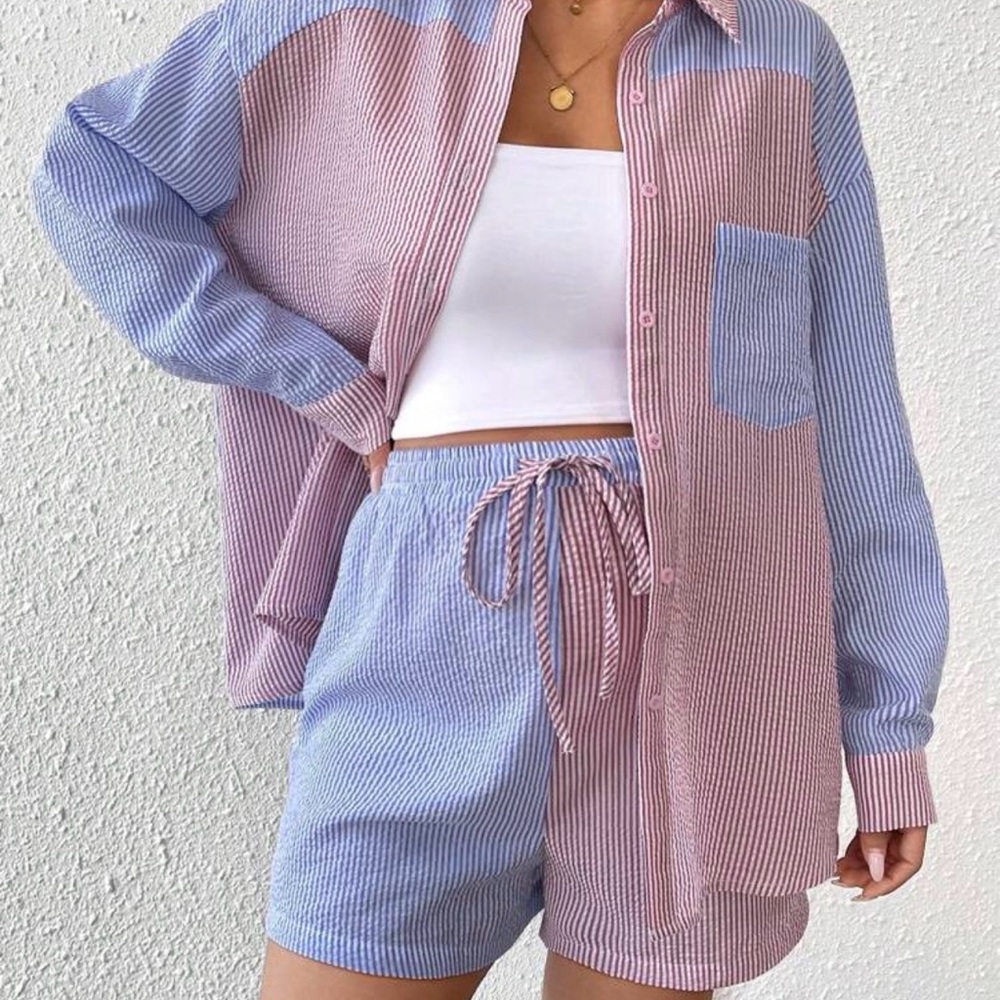 Boutique Pink and Blue Striped Button Down Shirt and shorts set